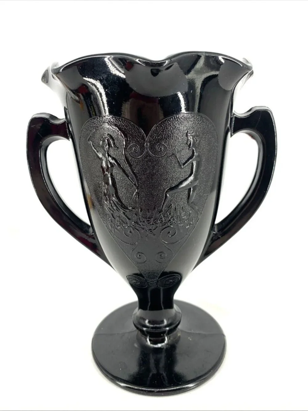 L.E. Smith Black Glass Trophy Vase 1933 Dancing Nymphs Double Handle Ruffled 8